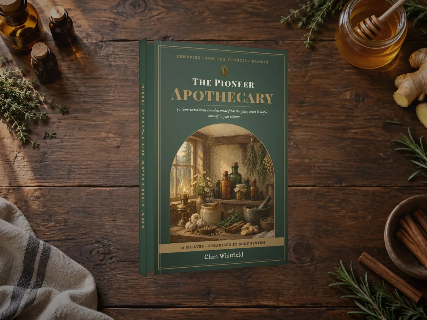 The Pioneer Apothecary digital book shown printed on a farmhouse table